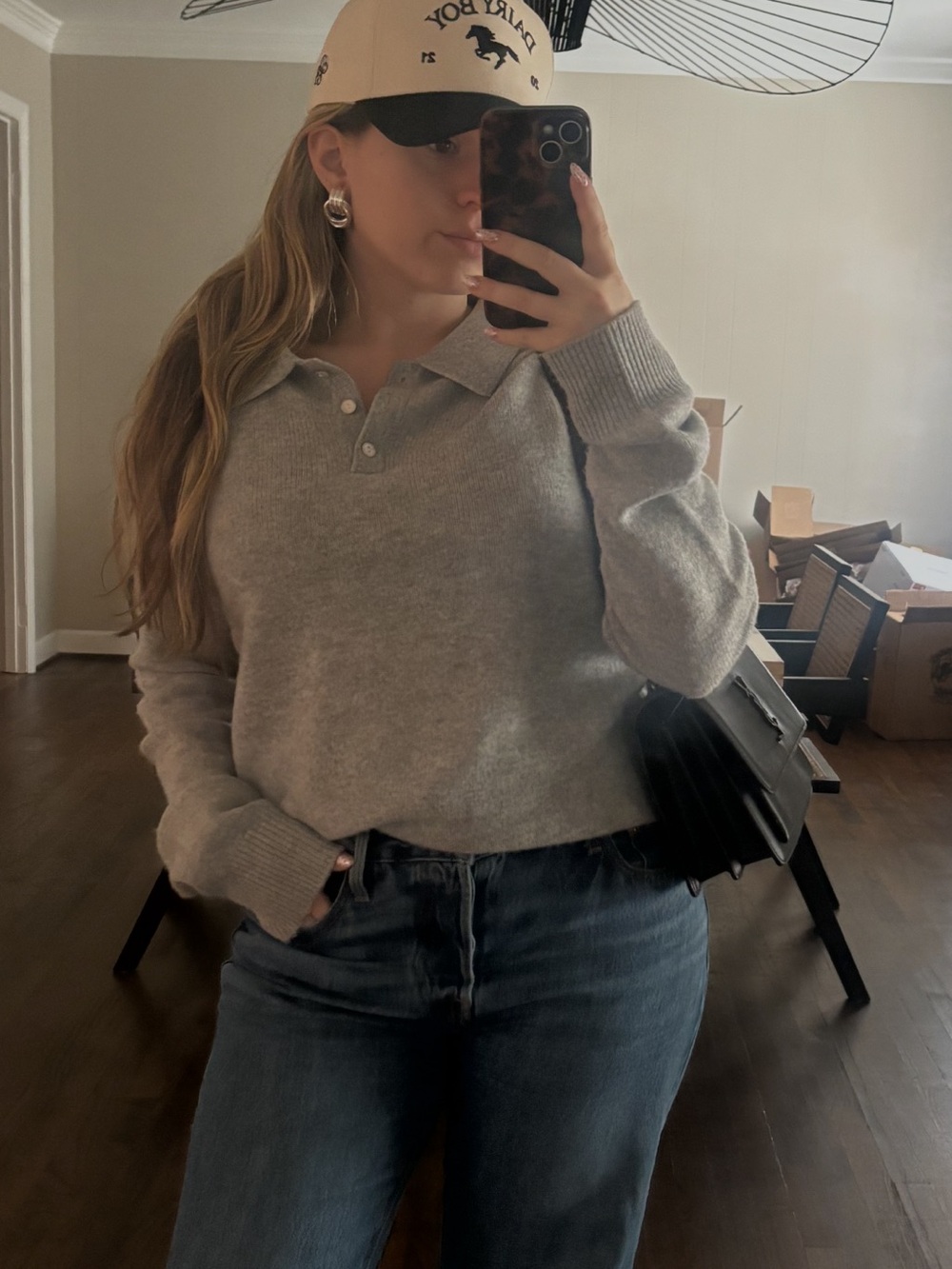 few moda Women’s Polo Collar Knit Sweater - Light Gray